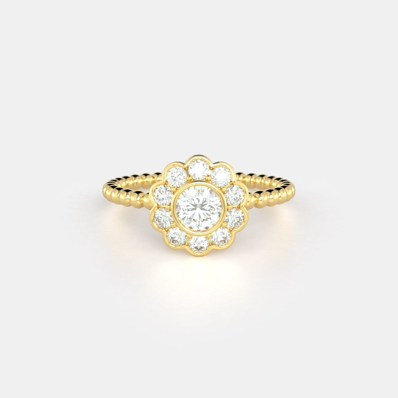 This Frank Darling signature style is a throwback for the romantic. A cluster of round diamonds blooms on top of a unique beaded band. At once cutting-edge and vintage, this style is playful and easy to wear.