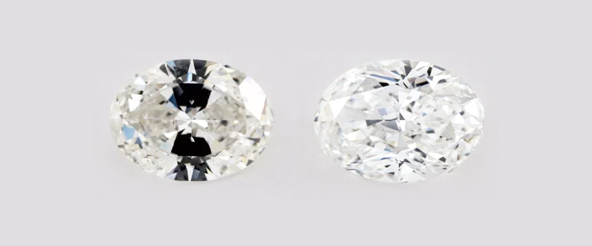 An oval diamond with a bow tie vs. an oval diamond without a bow tie.