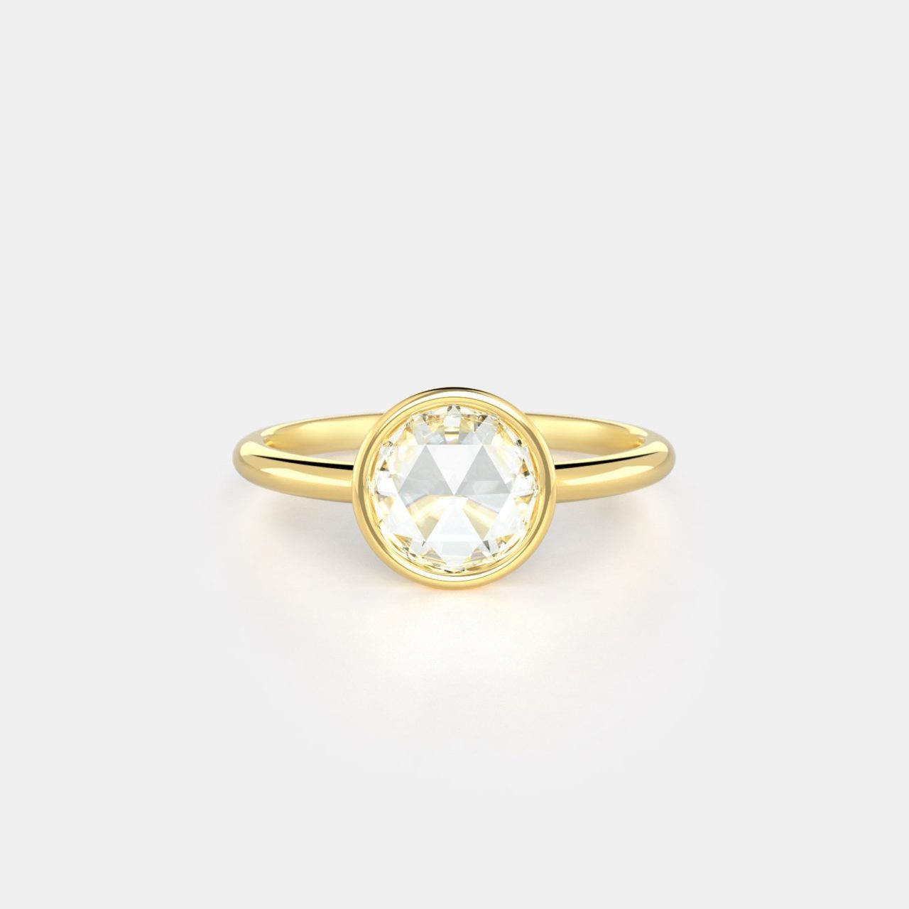 One Carat Rose Cut Unique Diamond Bezel Engagement Ring Solitaire setting in yellow gold vintage diamond