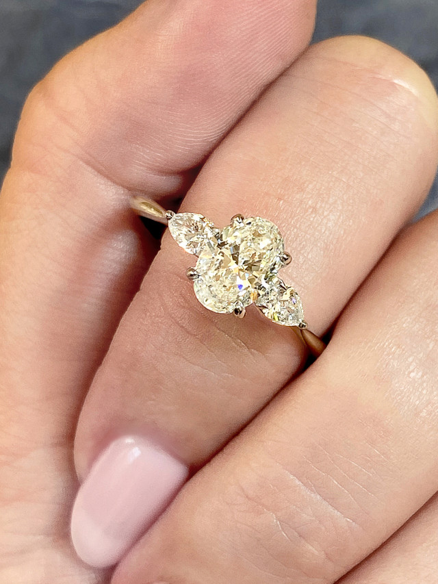 Custom Frank Darling Oval three stone engagement ring in yellow gold.