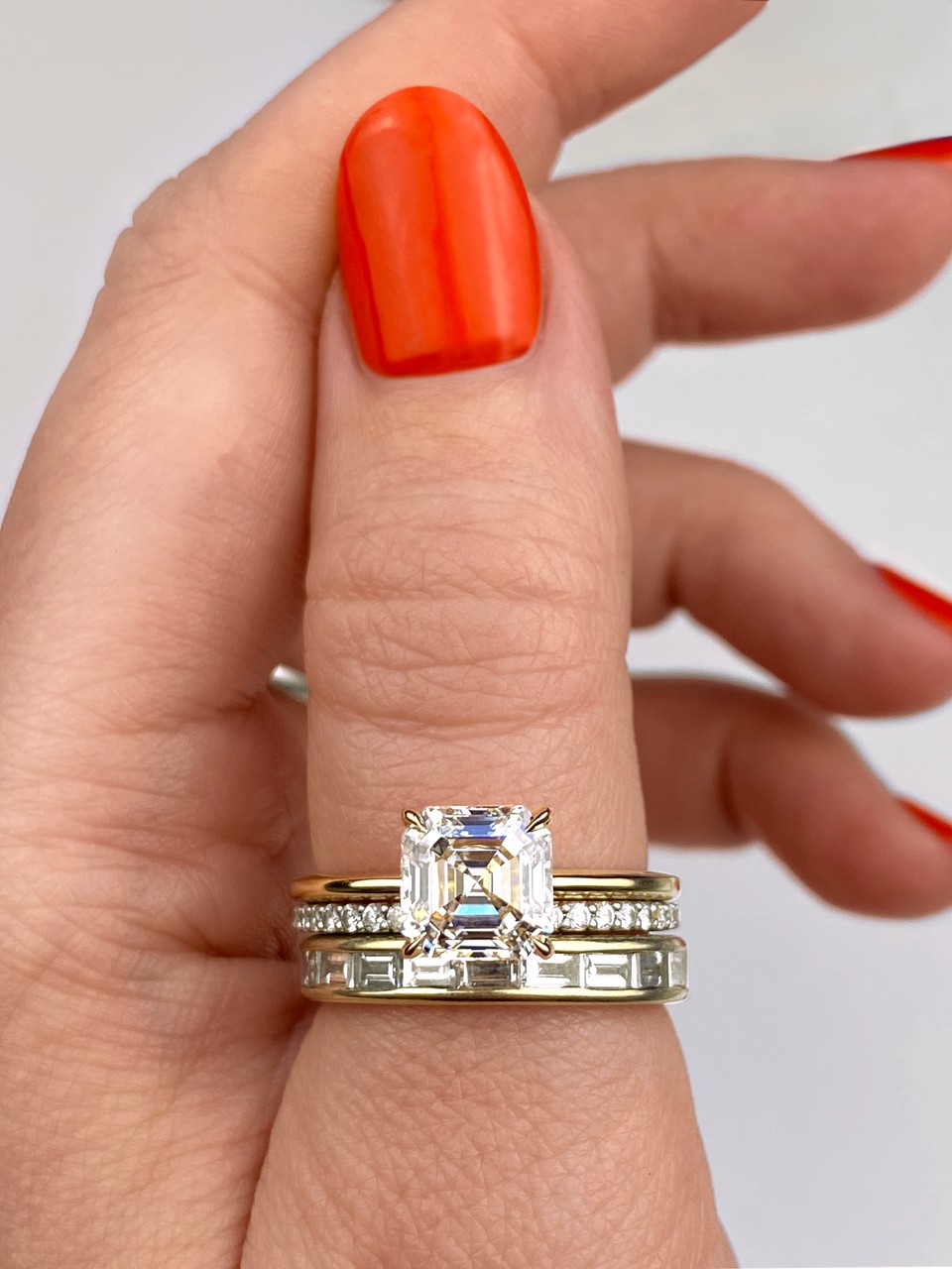 Frank Darling custom asscher engagement ring and eternity band stack