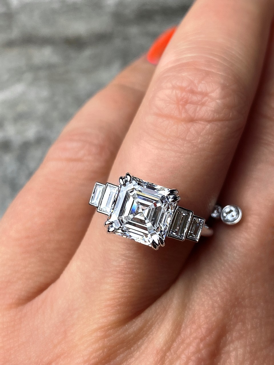 asscher diamond and baguette five stone engagement ring