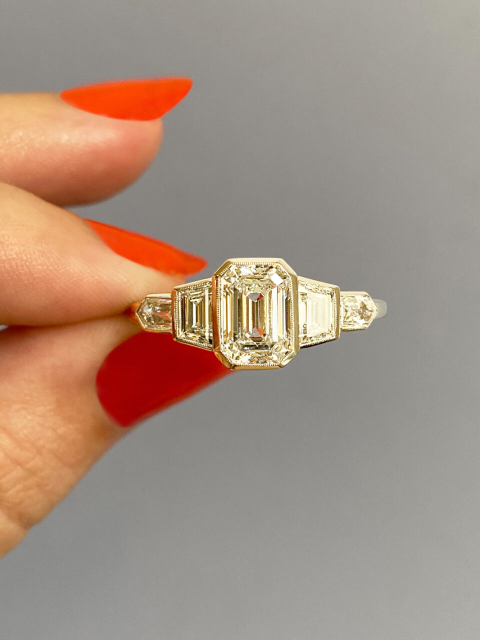 custom Emerald cut 5 bezel engagement ring